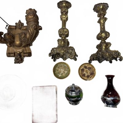 Sale Photo Thumbnail #391: Pair Antique Gilt Copper Sconces and Mixed Lot