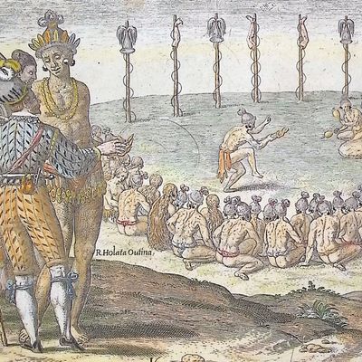 Sale Photo Thumbnail #67: De Bry - Florida - The trophies and ceremonies that they have after returning from war victoriously (Music, Scalping, Dismemberment)