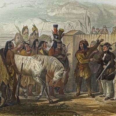 Sale Photo Thumbnail #75: Karl Bodmer - The Travellers Meeting with Minatarre Indians near Fort Clark (Bodmer in the Image). 26