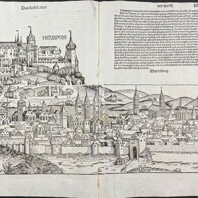Sale Photo Thumbnail #49: Schedel, pub. 1493 - View of Wuzburg (Wurtzburg Herbipolis), Germany / Verso: View of Ferrara, Italy & Religious & Historic Figures