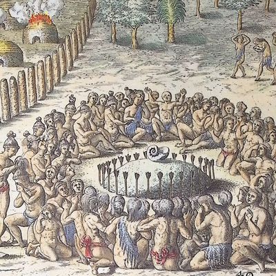 Sale Photo Thumbnail #64: De Bry - Florida - Ceremonies at the death of a chief or priest (Nautilus Shell)