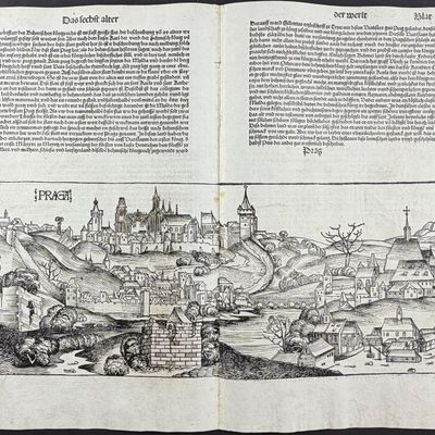 Sale Photo Thumbnail #50: Schedel, pub. 1493 - View of Prague, Czech Republic / Verso: Burning of Jewish People, Religious and Historic Figures, Insects