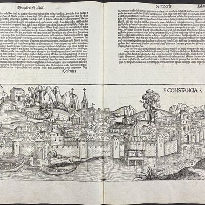 Sale Photo Thumbnail #48: Schedel, pub. 1493 - View of Konstanz (Constance, Constancia), Germany / Verso: Religious & Historic Figures