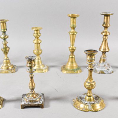 Sale Photo Thumbnail #6: Collection of 10 Antique Turned Brass Candlesticks