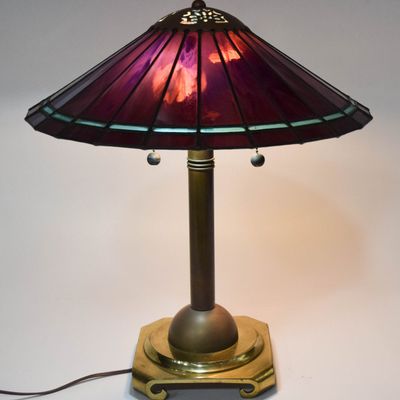 Sale Photo Thumbnail #275: Crescent Brass Manufacturing Co. Leaded Slag Glass and Brass Table Lamp