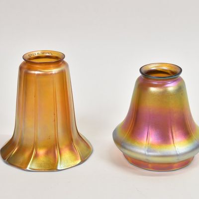 Sale Photo Thumbnail #203: 2 Art Nouveau Iridescent Art Glass Lamp Shades Including Quezal