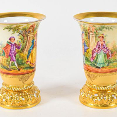 Sale Photo Thumbnail #217: Pair of Dresden Porcelain Trumpet Vases