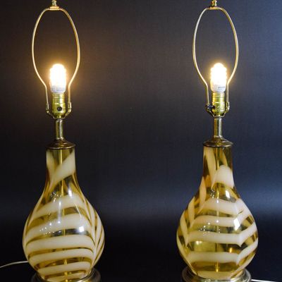 Sale Photo Thumbnail #278: Pair of Mid Century Modern Hand Blown Amber Glass Table Lamps
