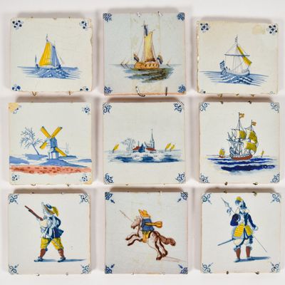 Sale Photo Thumbnail #244: 9 Delft Polychrome Tin Glazed Earthenware Tiles