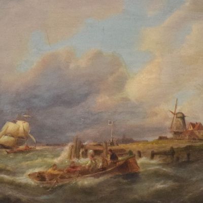 Sale Photo Thumbnail #399: Pieter Cornelis Dommersen Oil on Board Maritime Scene with Windmill