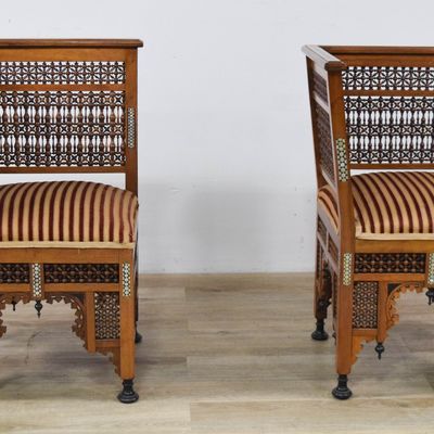 Sale Photo Thumbnail #435: Pair of Moorish Revival Hardwood and Mother-of-Pearl Inlaid Corner Chairs