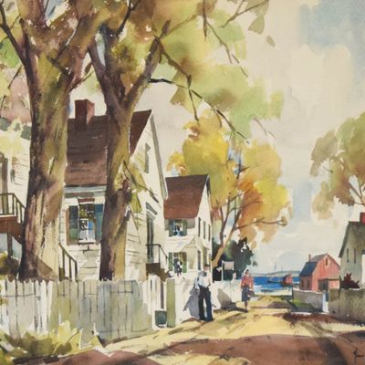 Sale Photo Thumbnail #394: John Hare Watercolor Coastal Village Scene