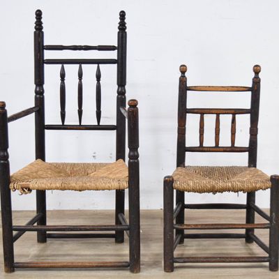 Sale Photo Thumbnail #52: 2 Early American Country Spindle-Back Chairs with Rush Seats