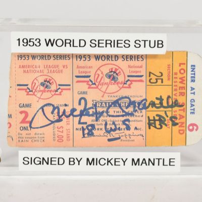 Sale Photo Thumbnail #165: Mickey Mantle Signed Paper 1953 World Series Game 2 Ticket Stub