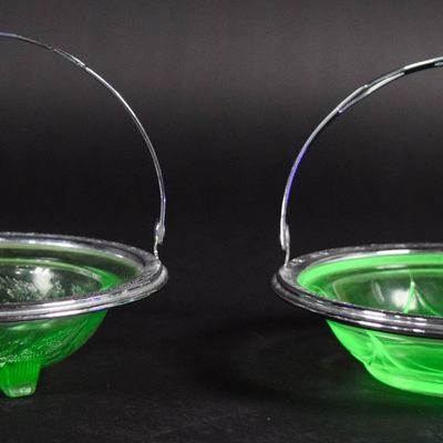 Sale Photo Thumbnail #198: 2 Pressed Green Uranium Glass Dishes in Silver-Plated Mounts