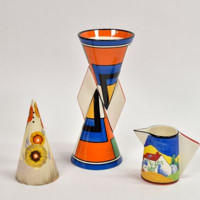 Sale Photo Thumbnail #235: 3 Clarice Cliff Earthenware Objects Including Mondrian Yo-Yo Vase