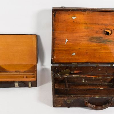 Sale Photo Thumbnail #375: 2 Leather and Wood Artist Supply Boxes