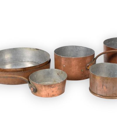 Sale Photo Thumbnail #24: Group of 6 Vintage Copper Commercial Grade Pots and Pans