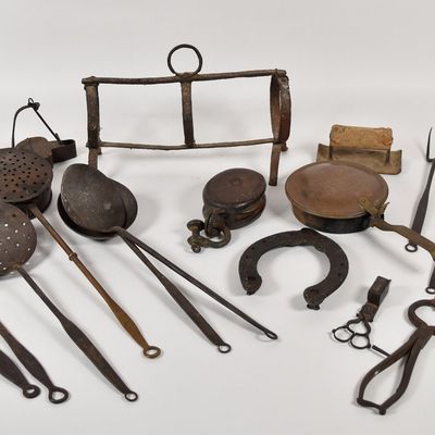 Sale Photo Thumbnail #11: Group of Antique Primitive Iron Copper and Wood Hearth and Kitchenware