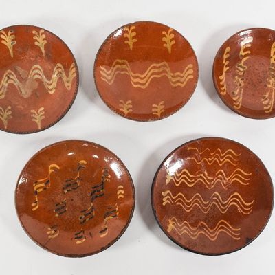 Sale Photo Thumbnail #238: 5 American Folk Art Style Slip-Decorated Redware Plates
