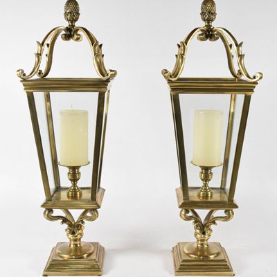 Sale Photo Thumbnail #268: Pair of Neoclassical Revival Brass and Glass Tabletop Candle Lanterns