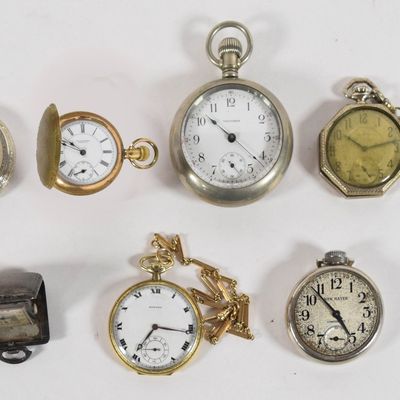 Sale Photo Thumbnail #370: 7 Pocket Watches and 1 NIA Travel Clock Including Howard and Waltham