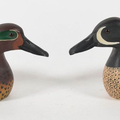 Sale Photo Thumbnail #381: Pair of Hector Heck Whittington Painted Wood Teal Decoys
