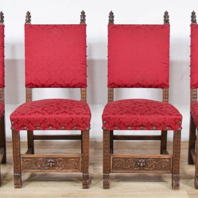Sale Photo Thumbnail #50: 4 Jacobean Revival Style Carved Oak Side Chairs