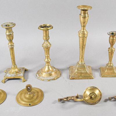 Sale Photo Thumbnail #7: Collection of 10 Antique Brass Candlesticks and Wall Sconce Components
