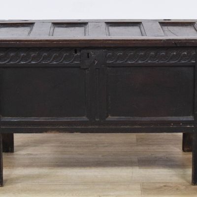 Sale Photo Thumbnail #61: Jacobean Carved Joined Oak Blanket Chest