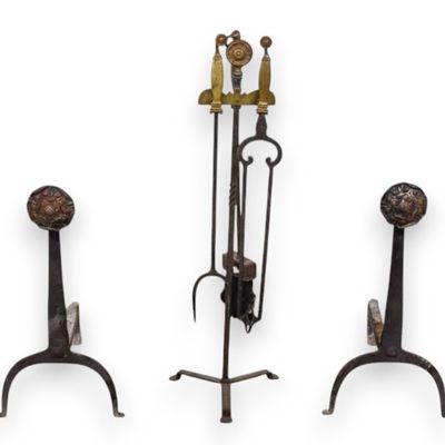Sale Photo Thumbnail #10: Arts and Crafts Wrought Iron and Brass Fireplace Accessories