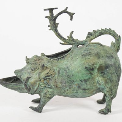Sale Photo Thumbnail #380: Archaic Style Cast Brass Boar Oil Lamp
