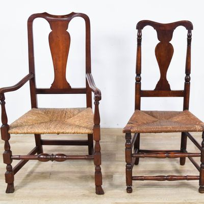 Sale Photo Thumbnail #433: 2 Queen Anne Style Stained Hardwood Rush Seat Chairs
