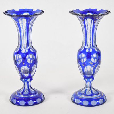 Sale Photo Thumbnail #204: Pair of Bohemian Cobalt Cased Glass Cut to Clear Vases