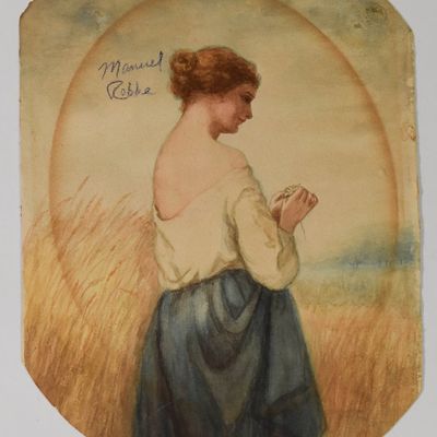 Sale Photo Thumbnail #390: Manuel Robbe Watercolor Girl Holding Flower