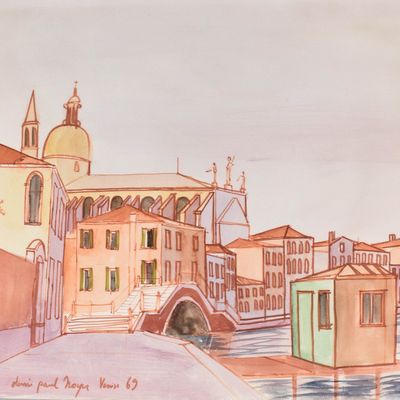 Sale Photo Thumbnail #389: Denis-Paul Noyer, Venice Canal Scene, Original Watercolor and Ink, 1969