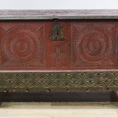 Sale Photo Thumbnail #60: Early Chip Carved Polychrome Painted Wood Folk Art Dower Chest