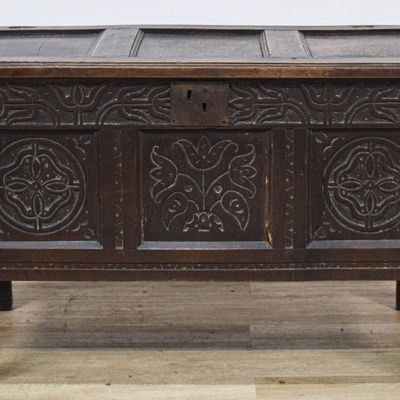 Sale Photo Thumbnail #62: Jacobean Carved Oak Paneled Blanket Chest