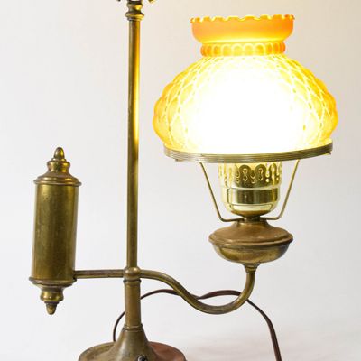 Sale Photo Thumbnail #272: Victorian Style Brass Student Lamp with Quilted Amber Glass Shade