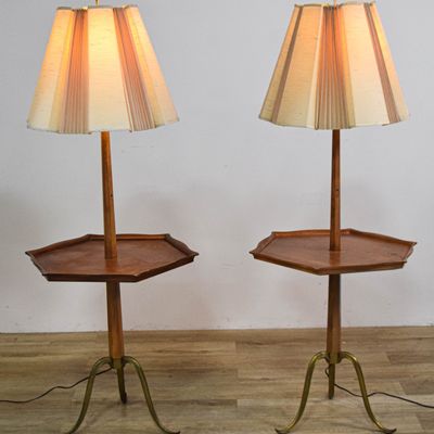 Sale Photo Thumbnail #277: Pair of Mid-Century Modern Walnut and Brass Dumbwaiter Floor Lamps