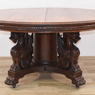 Sale Photo Thumbnail #420: R.J. Horner Style Quartersawn Oak Dining Table with Extension Leaf