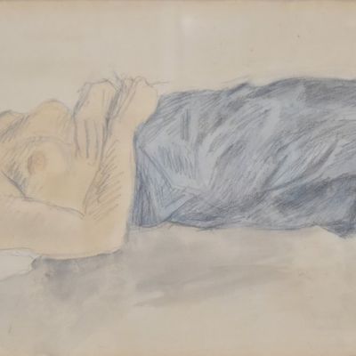 Sale Photo Thumbnail #183: Raphael Soyer Graphite and Colored Pencil on Paper Reclining Nude