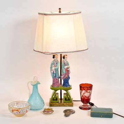 Sale Photo Thumbnail #228: Assortment of Porcelain and Glass Decorative Table Items