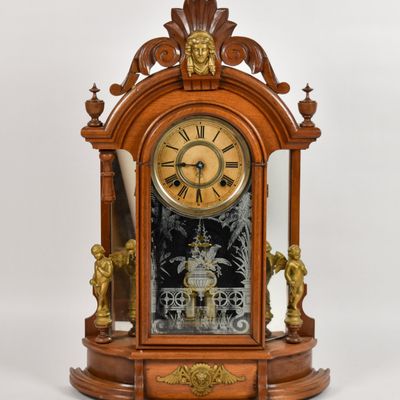 Sale Photo Thumbnail #364: Ansonia Clock Co. Gilt Metal Mounted Wooden Mantel Clock