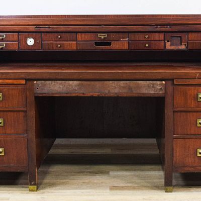 Sale Photo Thumbnail #58: American Mahogany Roll-Top Pedestal Desk with Built-in Waterbury Clock