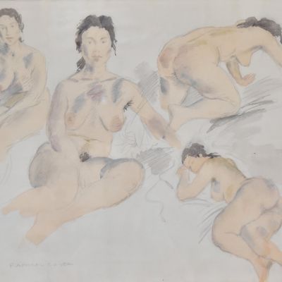 Sale Photo Thumbnail #184: Raphael Soyer Watercolor and Graphite on Paper Four Female Nudes