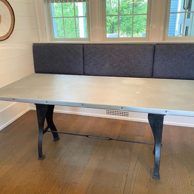 73" Industrial Zinc Top Dining Table Vintage Cast Iron Machine Lathe Legs Base