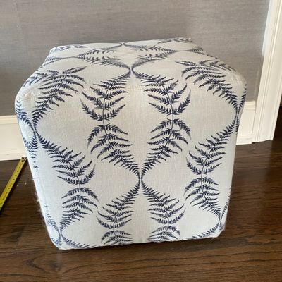 Serena & Lily Custom Upholstered Cube Ottoman in "Gardenside" Navy w/ wheels