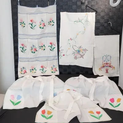 Hand Stitched Floral Aprons, Table Runners & Hanging Organizer