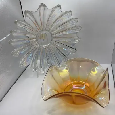 Carnival Glass Marigold Bowl and Federal Glass Iridescent Sunburst Plate